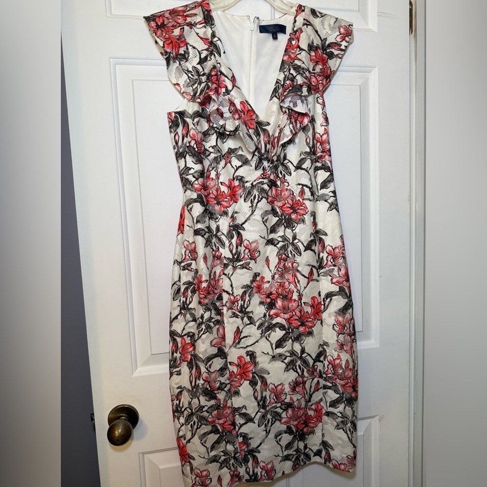 Rachel Roy Sz 6 Lace Floral Print V Neck Ruffled Sheath Dress NWT Flutter Sleeve